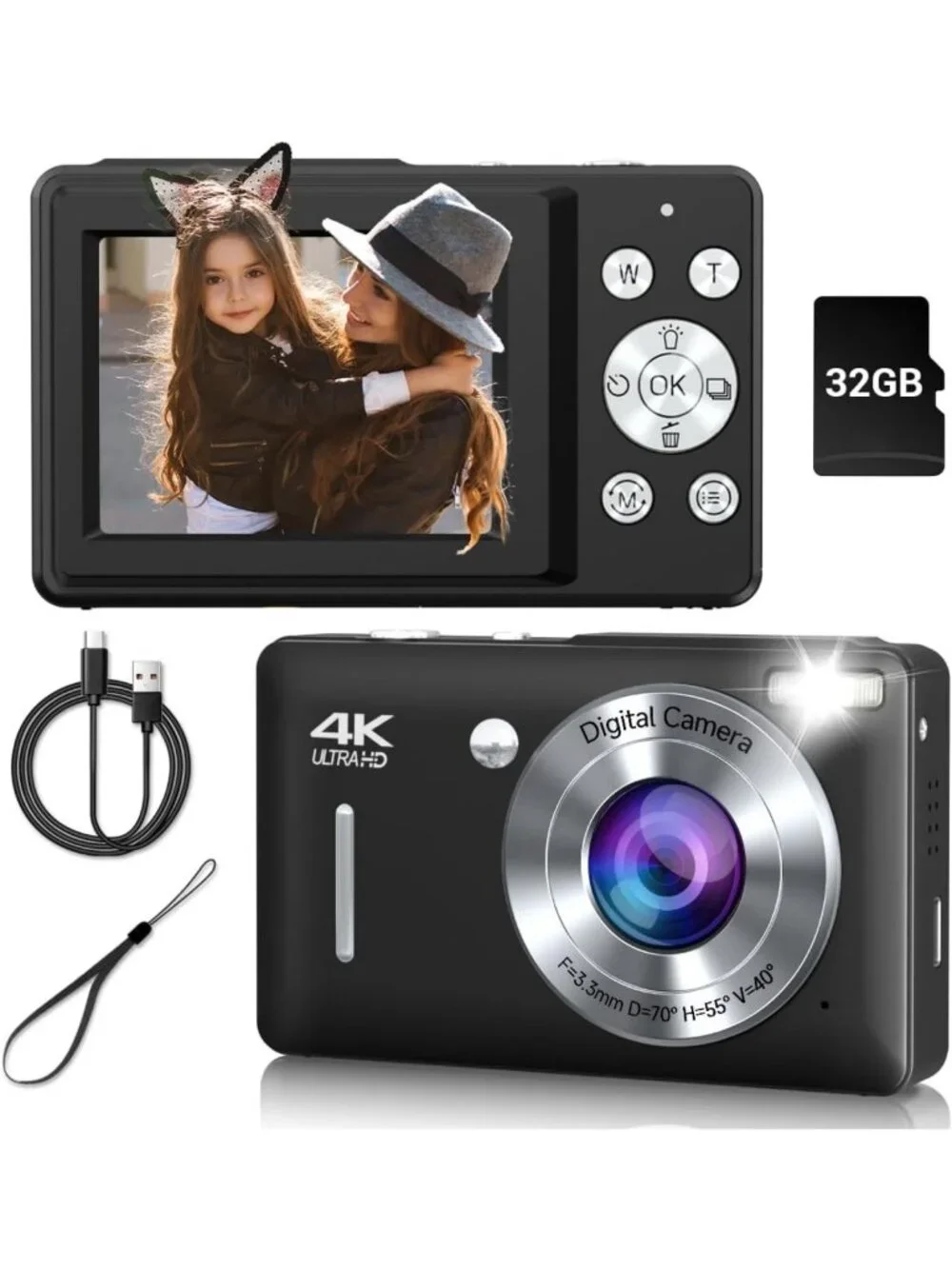 44MP Compact Digital Camera, FHD 1080P, 16X Zoom, Face Detection, Anti-Shake